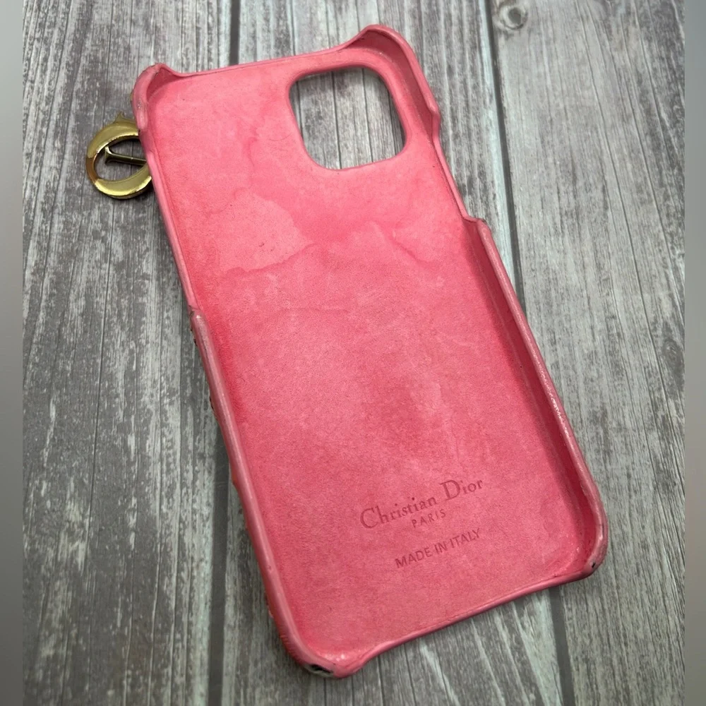 DIOR Lady Dior Lambskin Quilted Leather iPhone 14 Phone Case w/ Logo Charm Pink